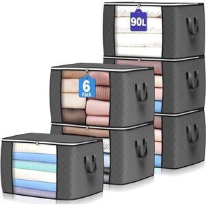 90 L Large Storage Bags, 6 Pack Clothes Storage Bins Foldable Closet Organizers